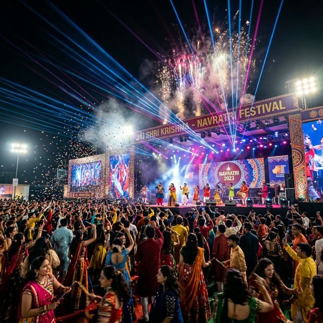 Live performance stage at Garba Night Ahmedabad with neon lights